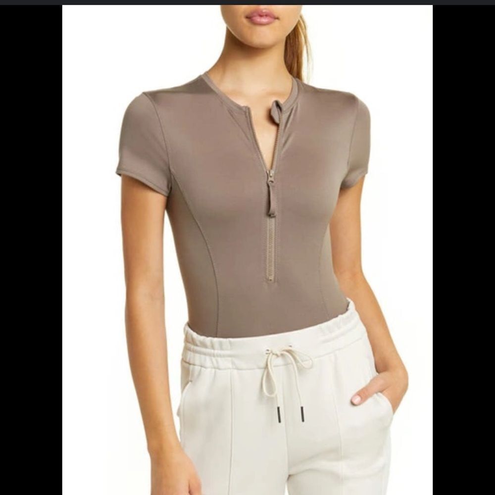 NWT Zella Brown Front Half Zip Bodysuit small